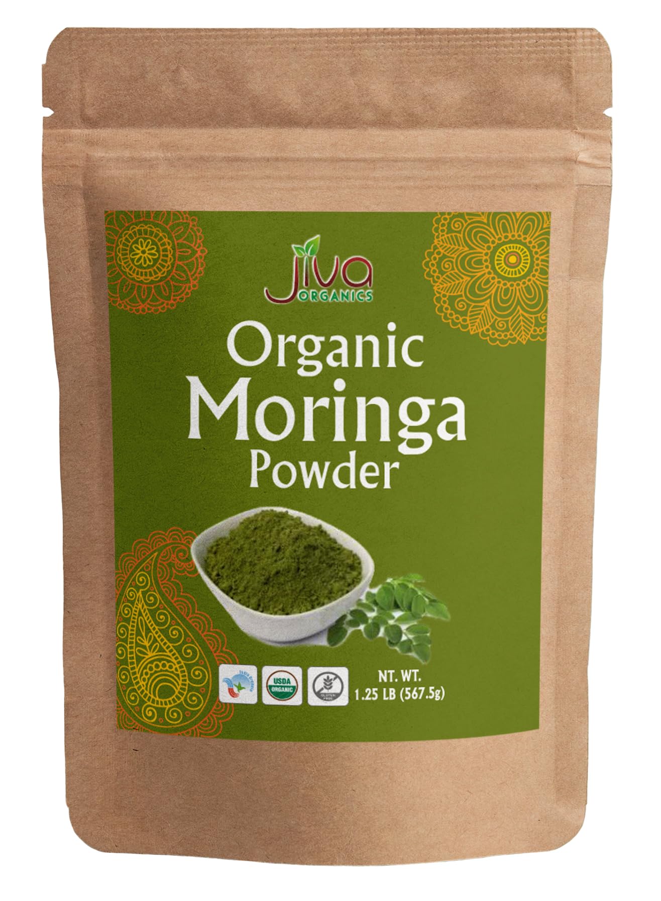 Jiva Organics Moringa powder bulk bag with reseal design for easy storage.