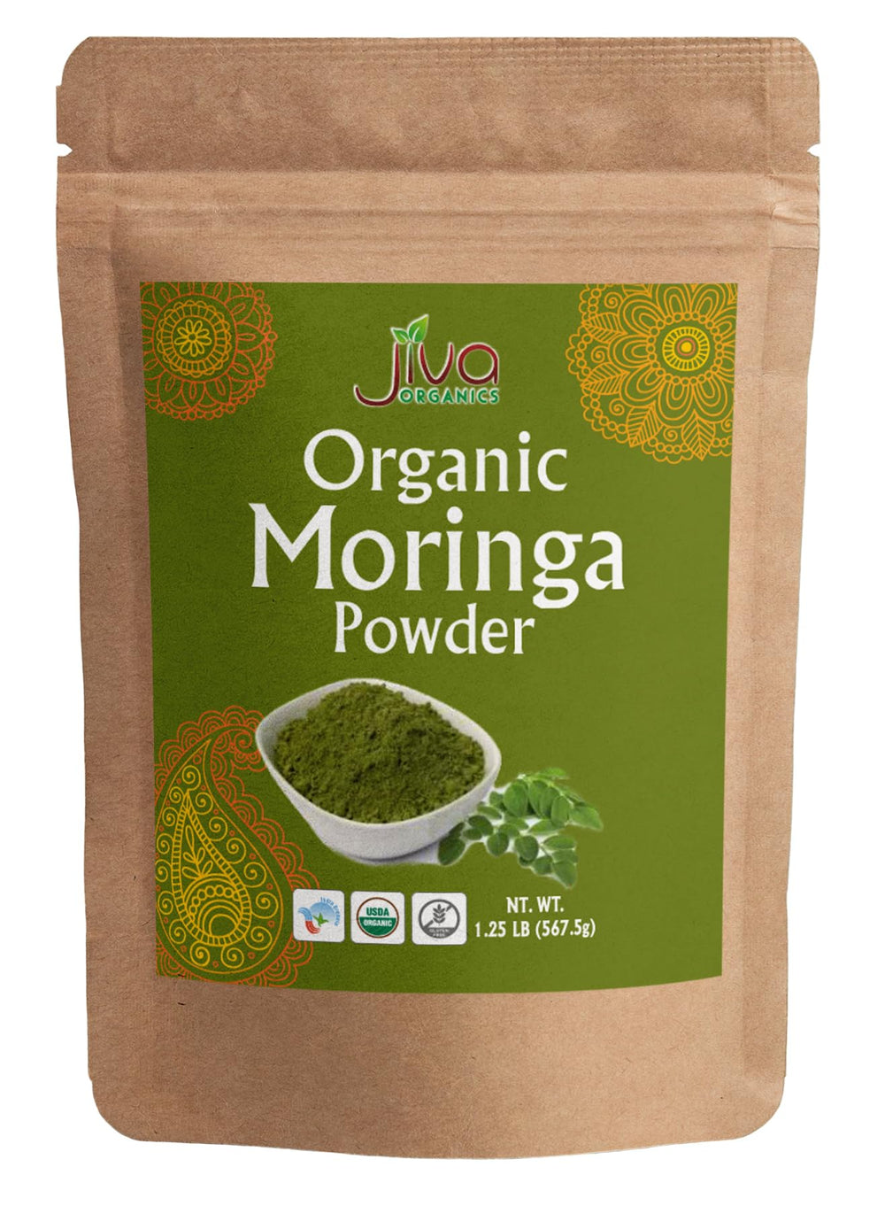 Jiva Organics Moringa powder bulk bag with reseal design for easy storage.