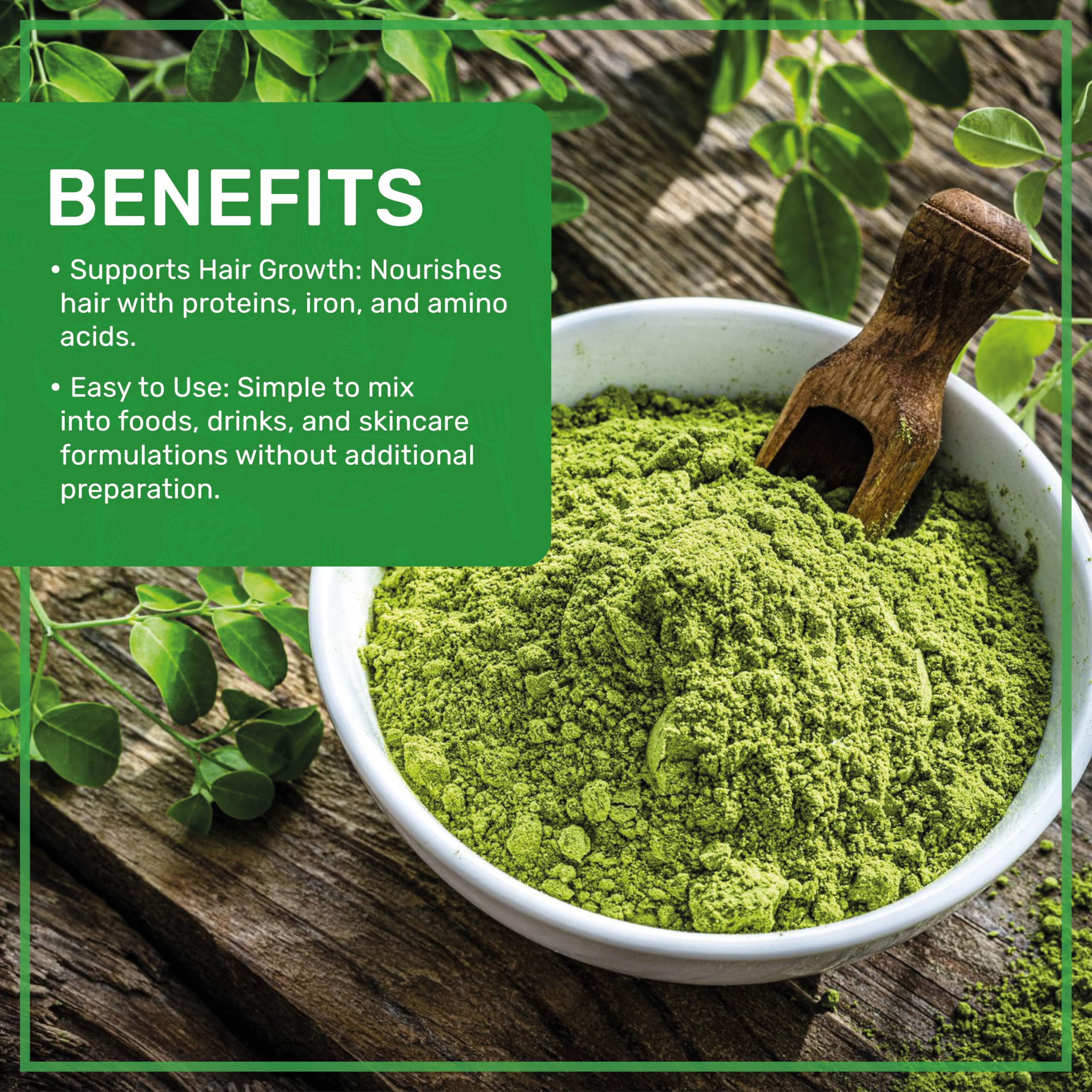 Jiva Organics Moringa powder being measured with a scoop for easy mixing.