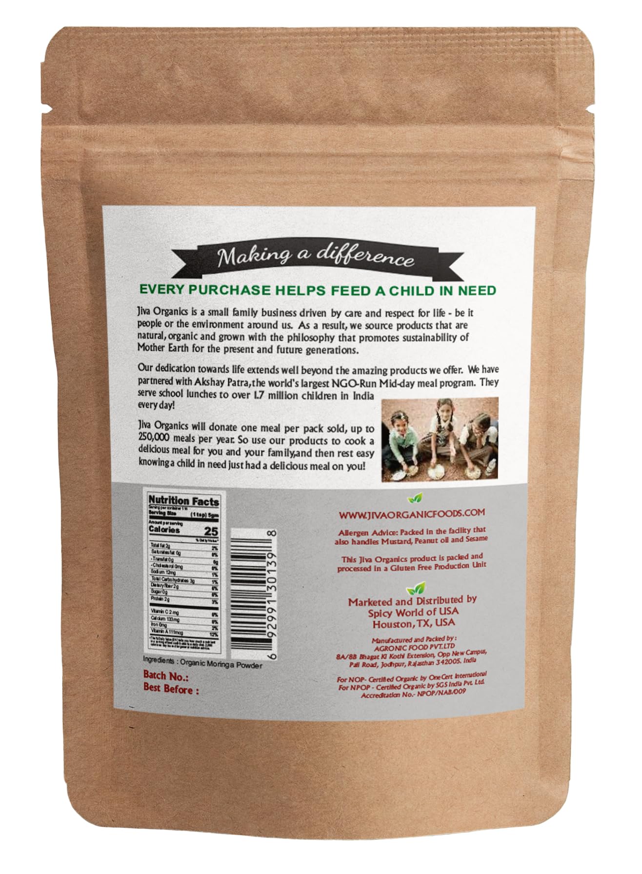 Jiva Organics Moringa powder label shows organic and non-GMO claims.