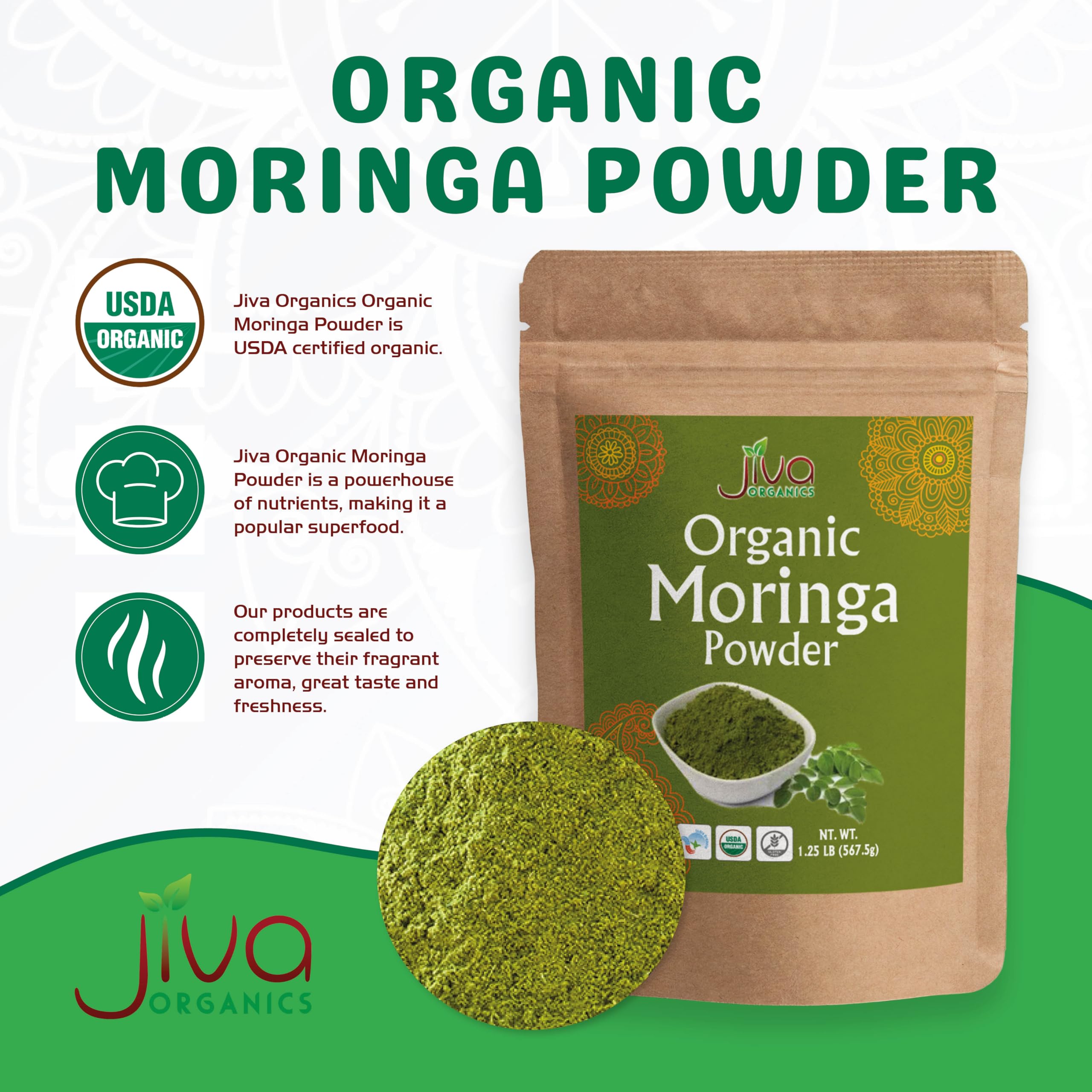 Jiva Organics Moringa powder packaging in kraft bag highlighting USDA Organic.