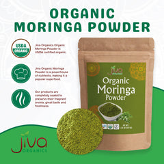 Jiva Organics Moringa powder packaging in kraft bag highlighting USDA Organic.