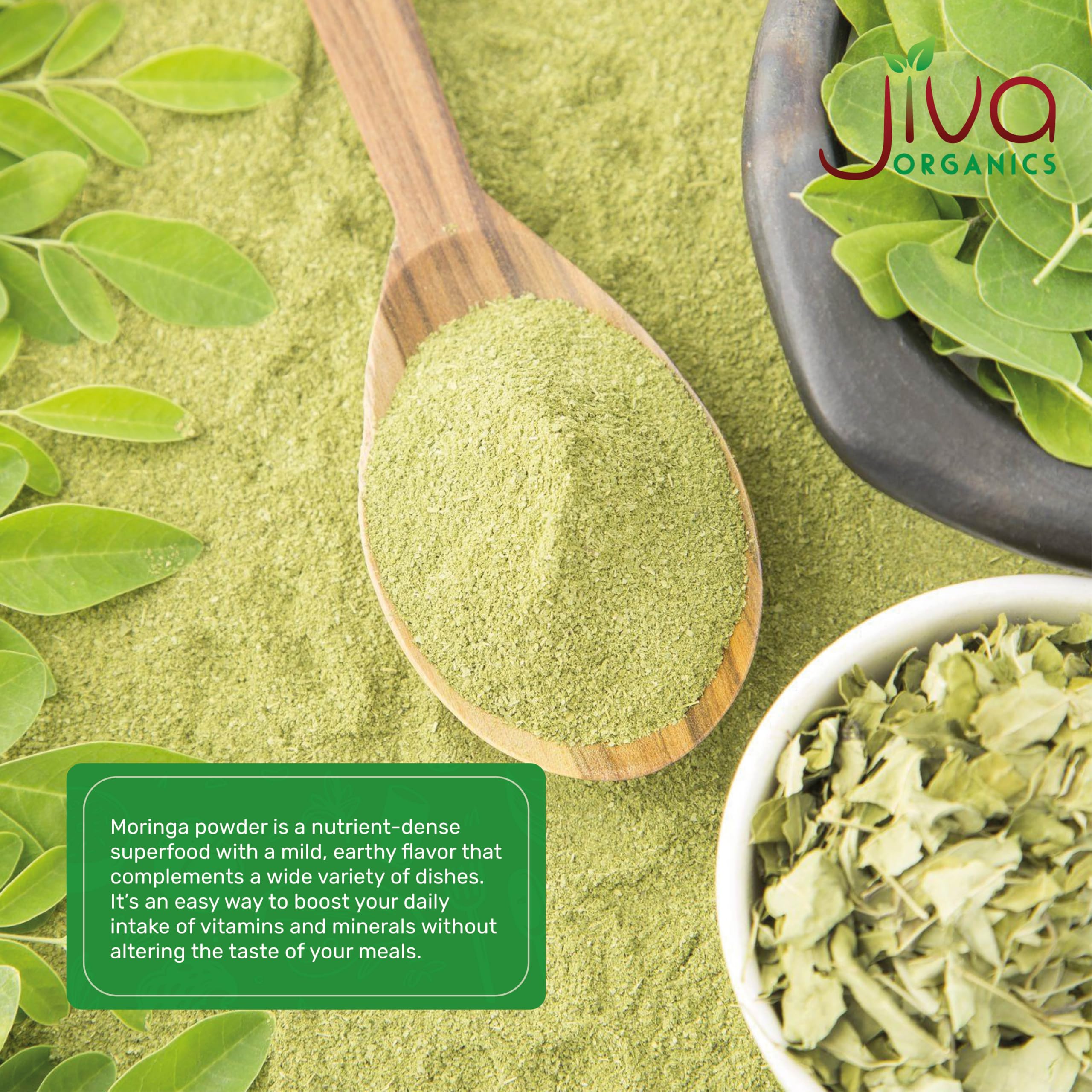 Jiva Organics Moringa powder scoop beside bowl ready for smoothie.