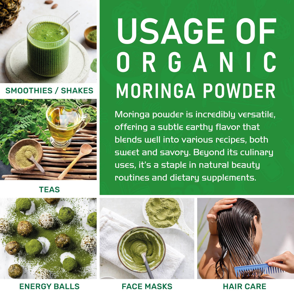 Jiva Organics Moringa powder stirred into smoothie bowl with vibrant color.