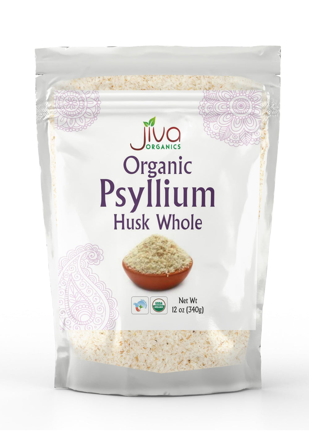 Jiva Organics psyllium husk bottle close-up showing easy mix into drinks for daily fiber