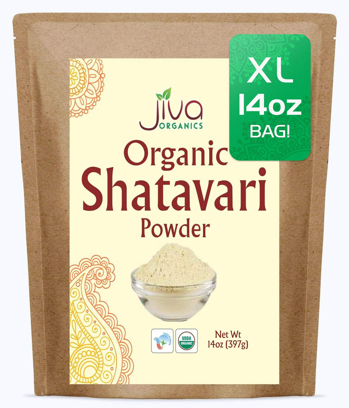Jiva Organics Shatavari Powder in a 14oz bulk bag ready for daily use.