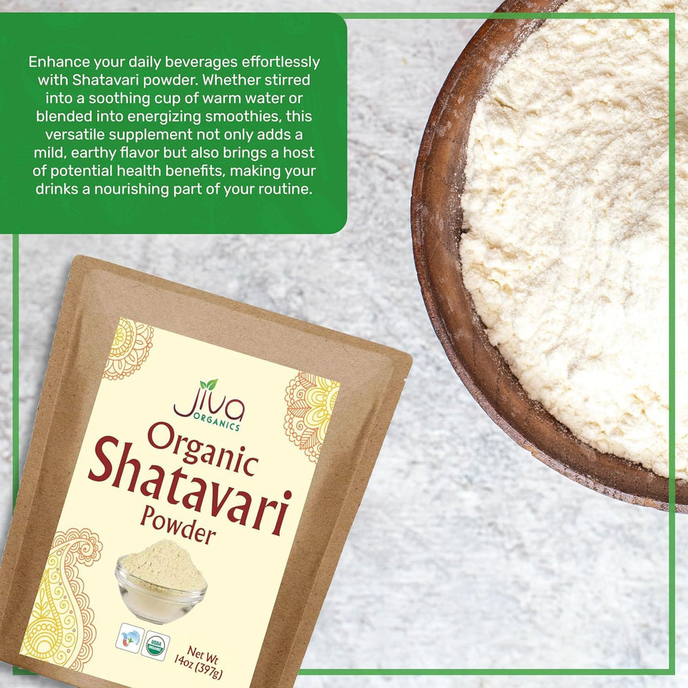 Shatavari powder with scoop for precise portions in beverages and recipes.