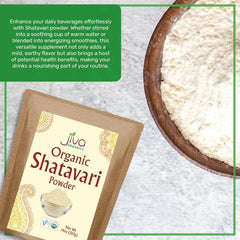 Shatavari powder with scoop for precise portions in beverages and recipes.