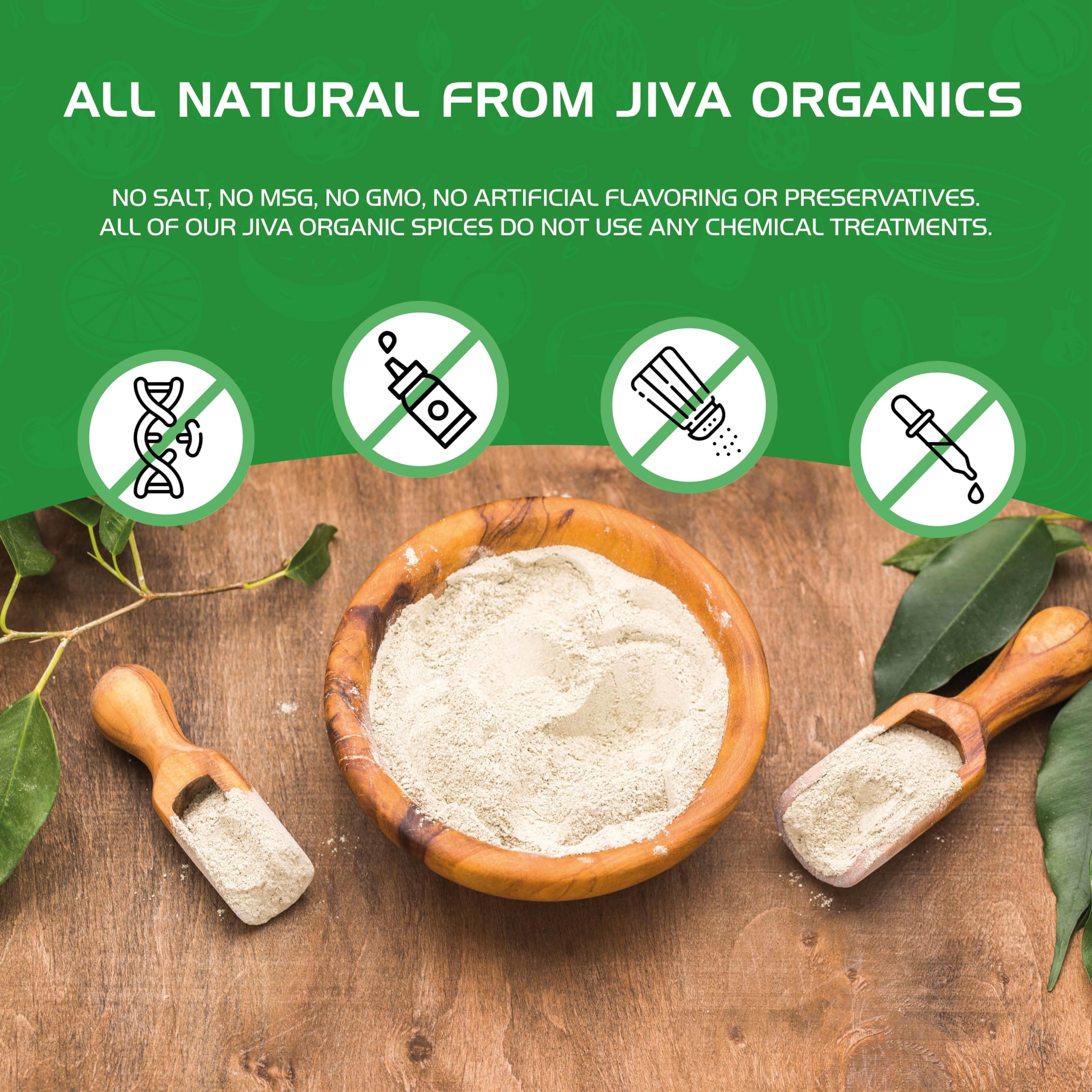 Brand badge for Jiva Organics highlights organic farming commitment.