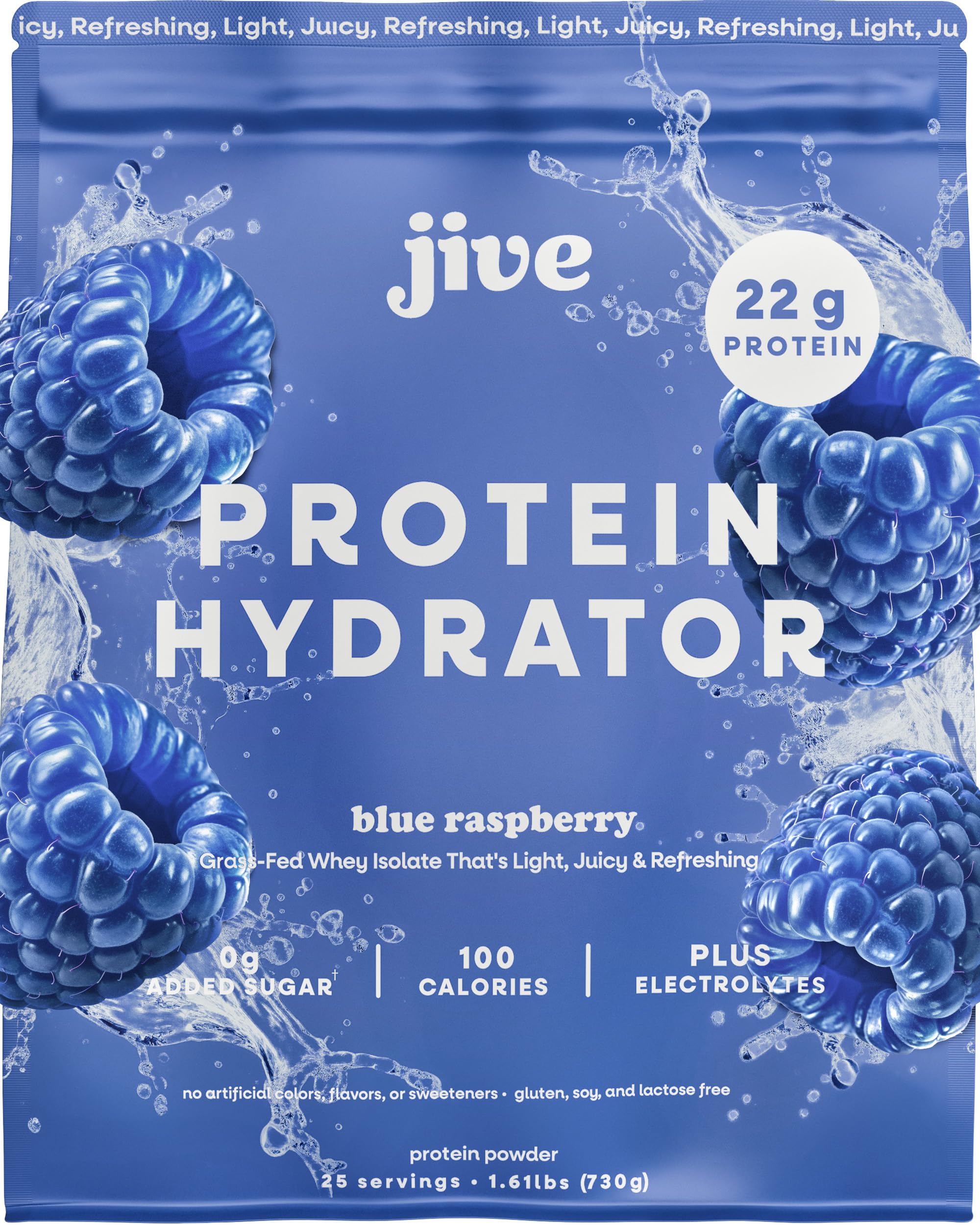Jive Clear Protein Blue Raspberry bottle illustrating refreshing hydration and 22g protein