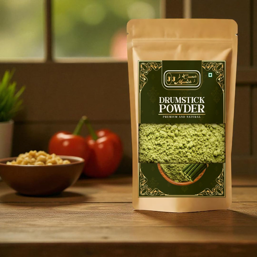Fine green drumstick powder texture close-up for versatile seasoning.