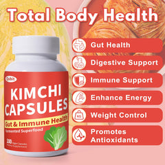 Close-up of Jkrova Kimchi Capsules illustrating enzymes aiding digestion.