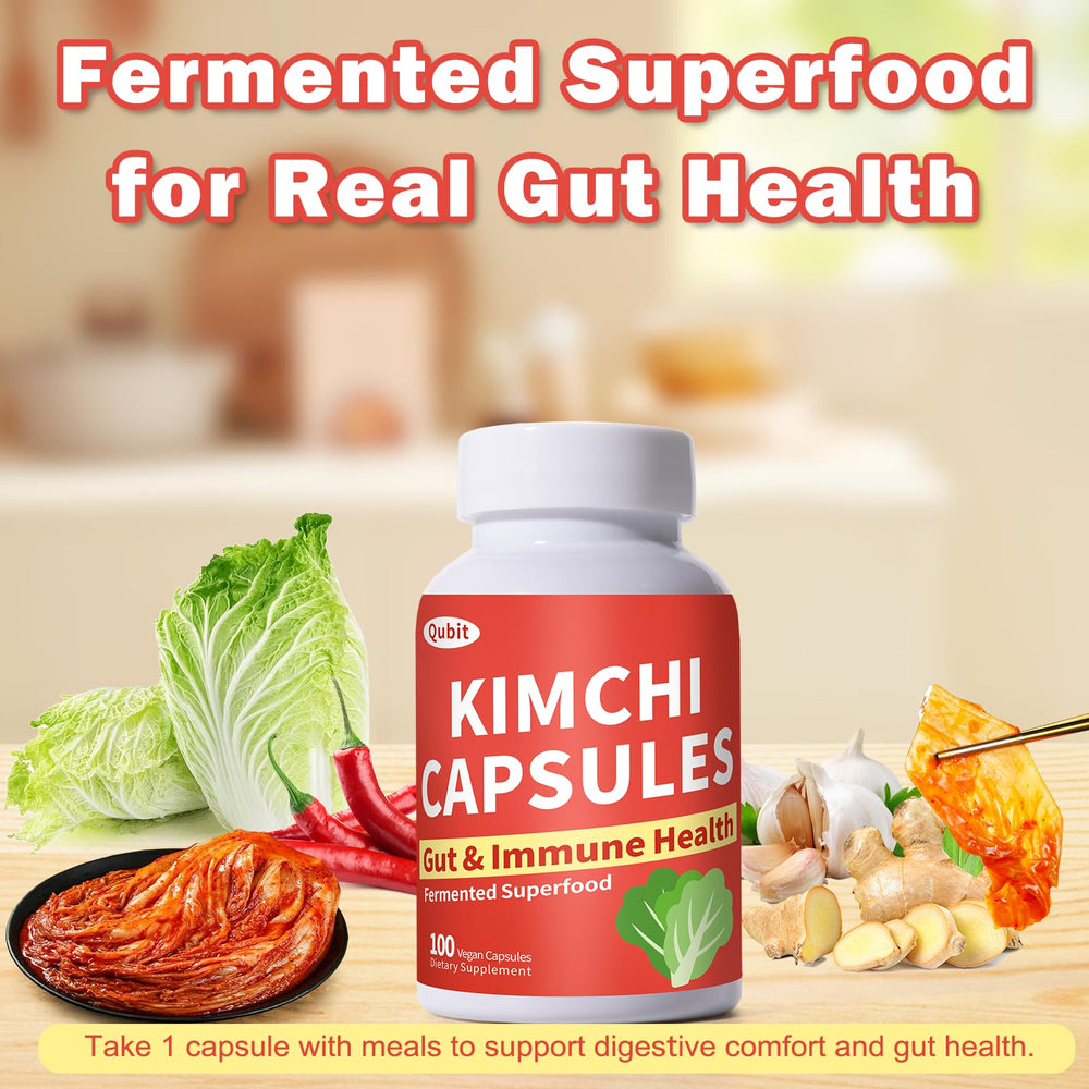 Jkrova Kimchi Capsules packaging label highlighting traditional fermentation and antioxidants.