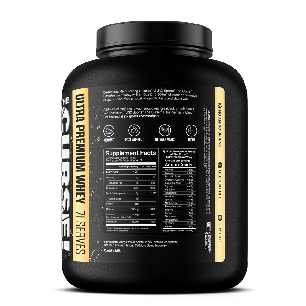 Close-up of whey isolate ingredient in The Curse label emphasizing purity