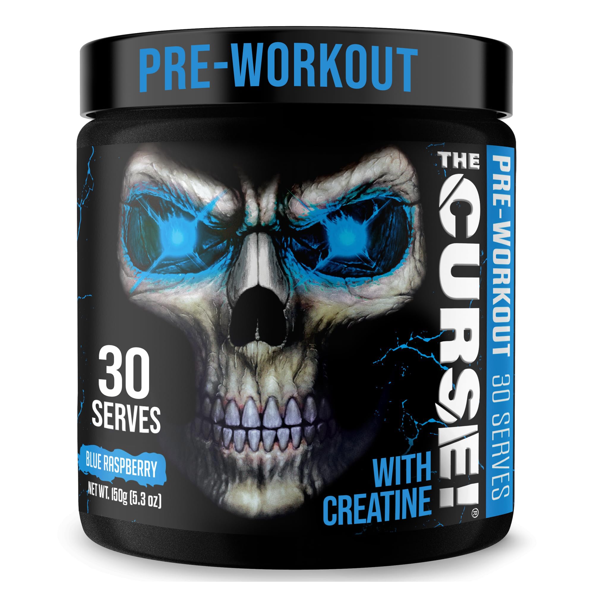 The Curse! bottle front view shows blue raspberry flavor for energized workouts.