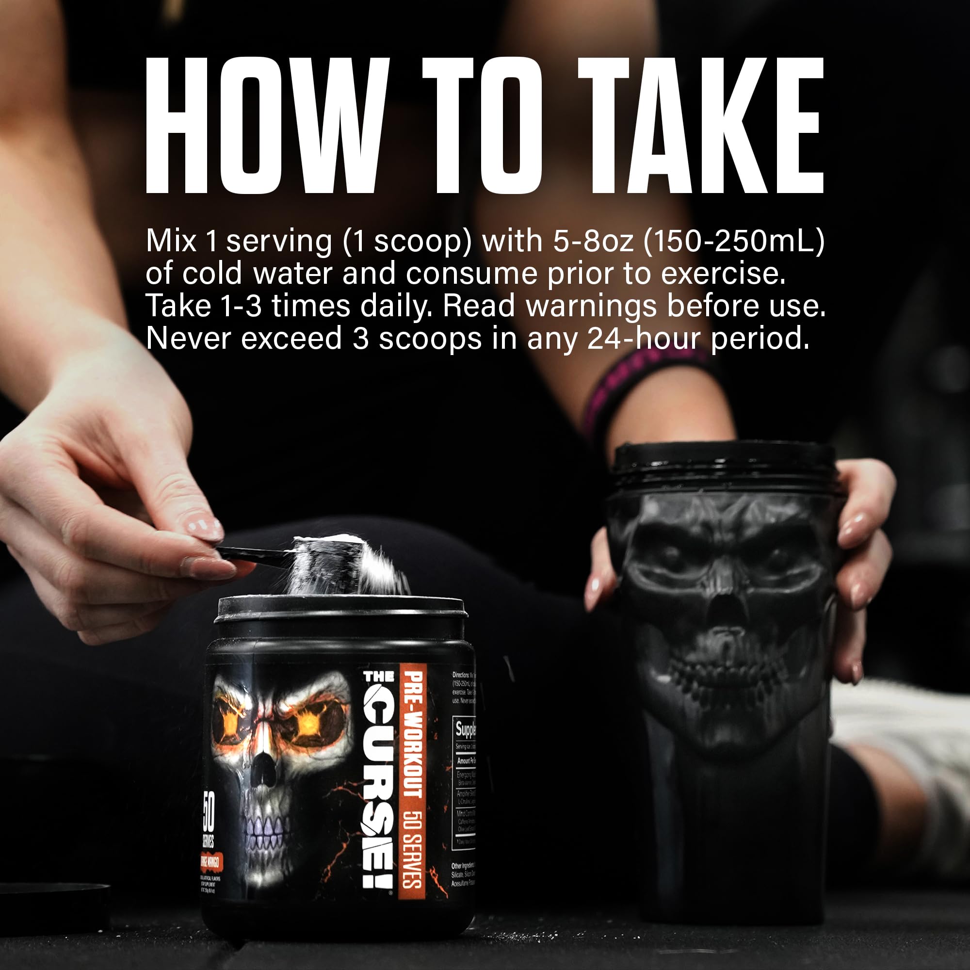 The Curse! 30-serving tub sits on a gym bench ready for training.