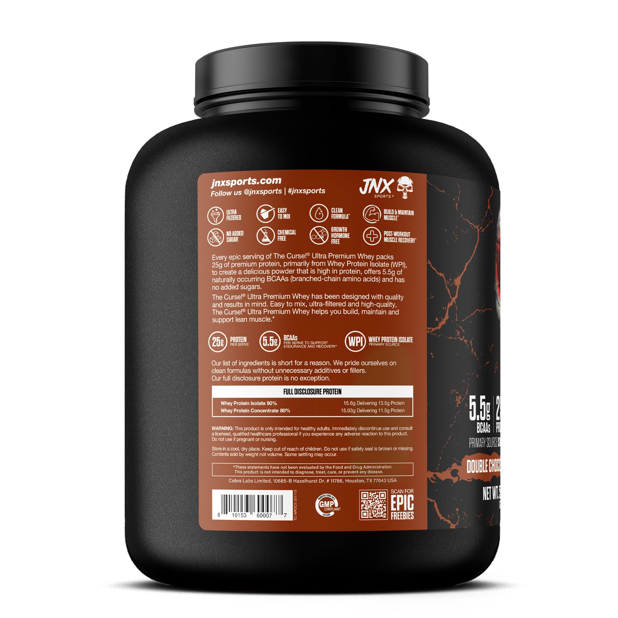 JNX Sports The Curse Whey isolate powder bottle with nutrition panel, ideal post-workout recovery.