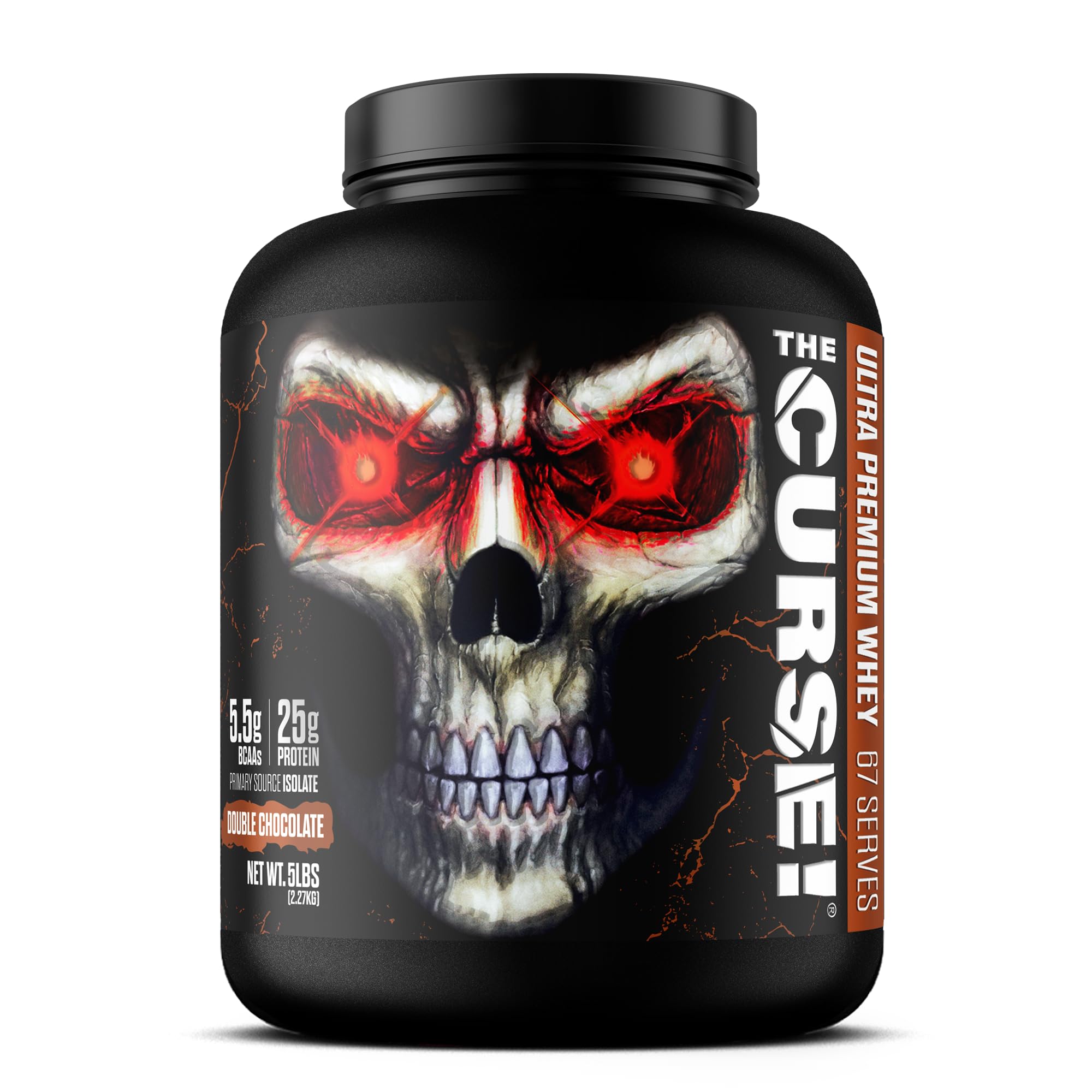 JNX Sports The Curse Ultra Premium Whey Double Chocolate 5lb packaging highlighting whey isolate quality for muscle support.