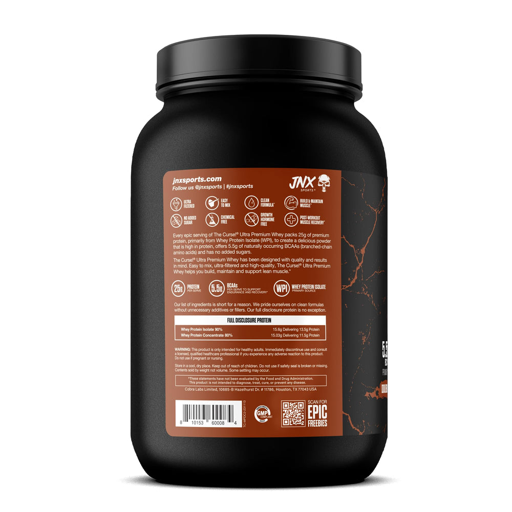 JNX Sports The Curse! Ultra Premium Whey scoop shows 25g serving for daily protein