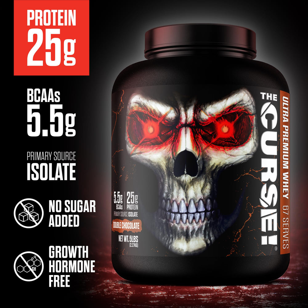 JNX Sports The Curse Double Chocolate flavor shown with glass of shake.