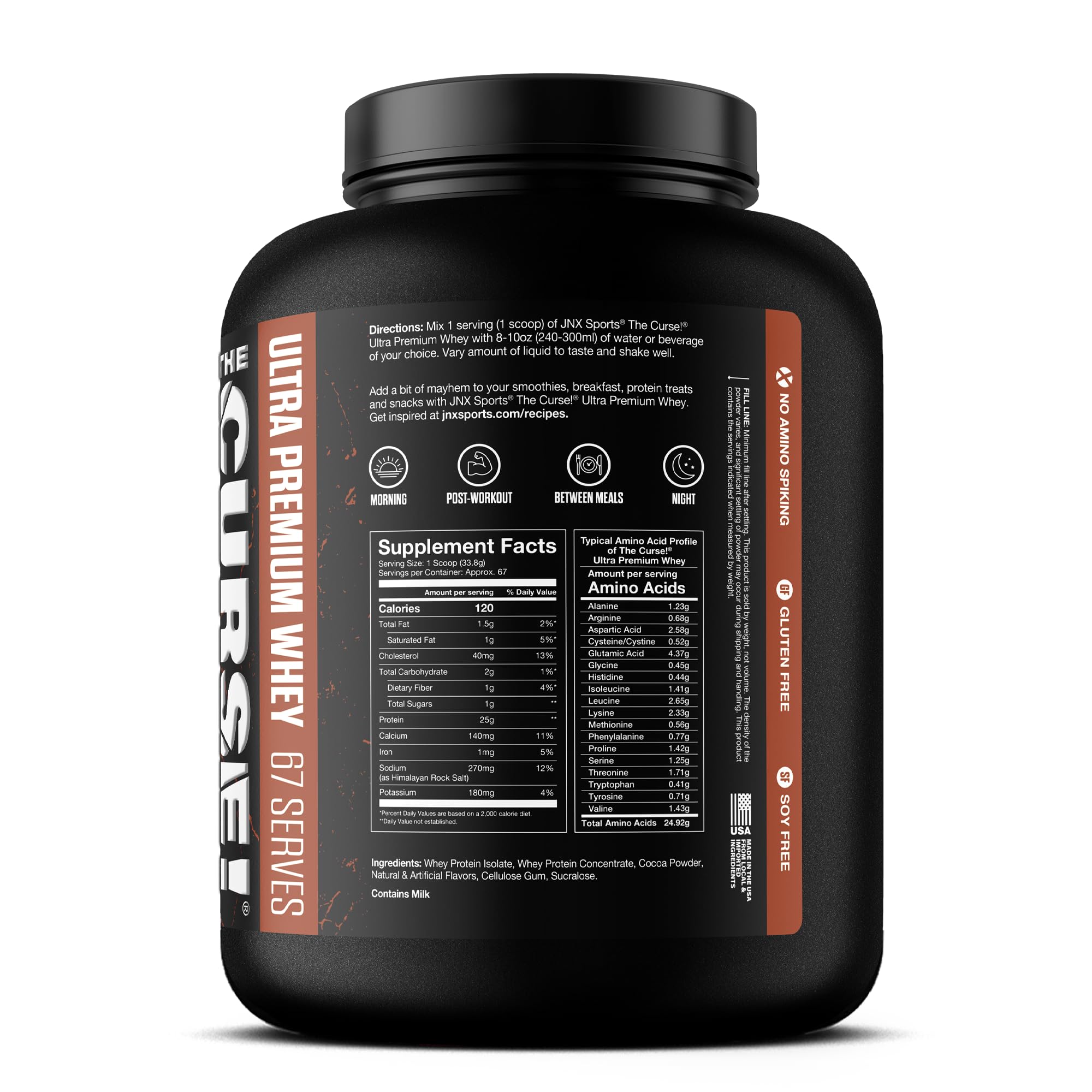 JNX Sports The Curse whey powder being scooped into a glass for quick high-protein shake.
