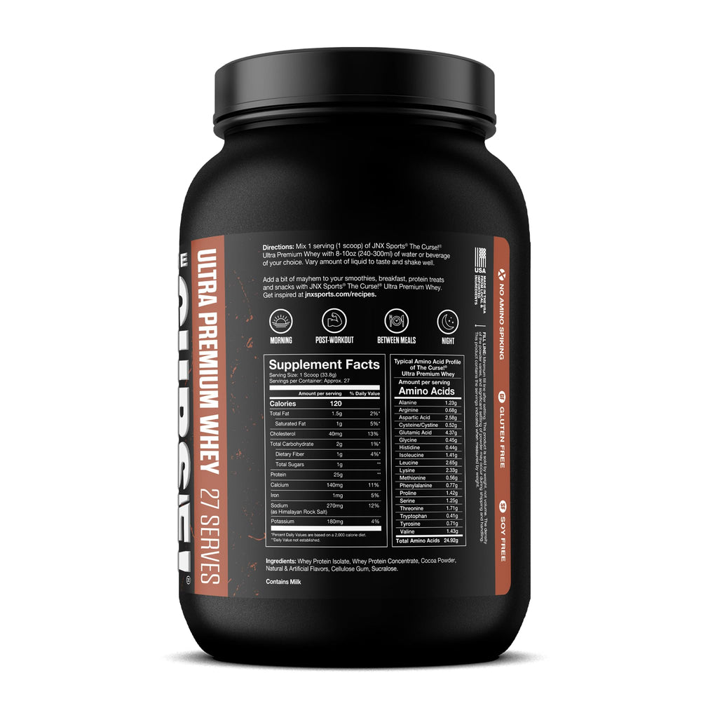 JNX Sports The Curse! Vanilla Bean whey tub highlights versatile protein for shakes and baking