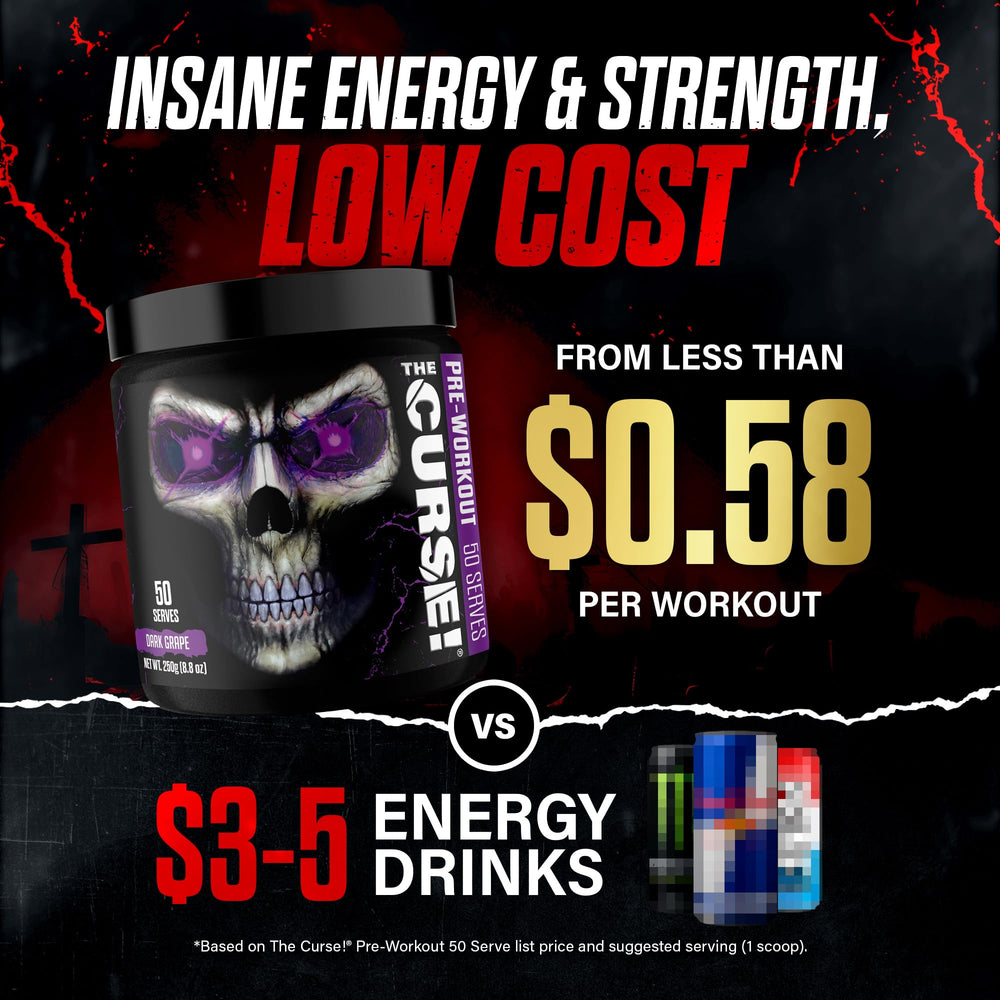 Close-up on The Curse! ingredient panel featuring creatine and beta-alanine for strength.