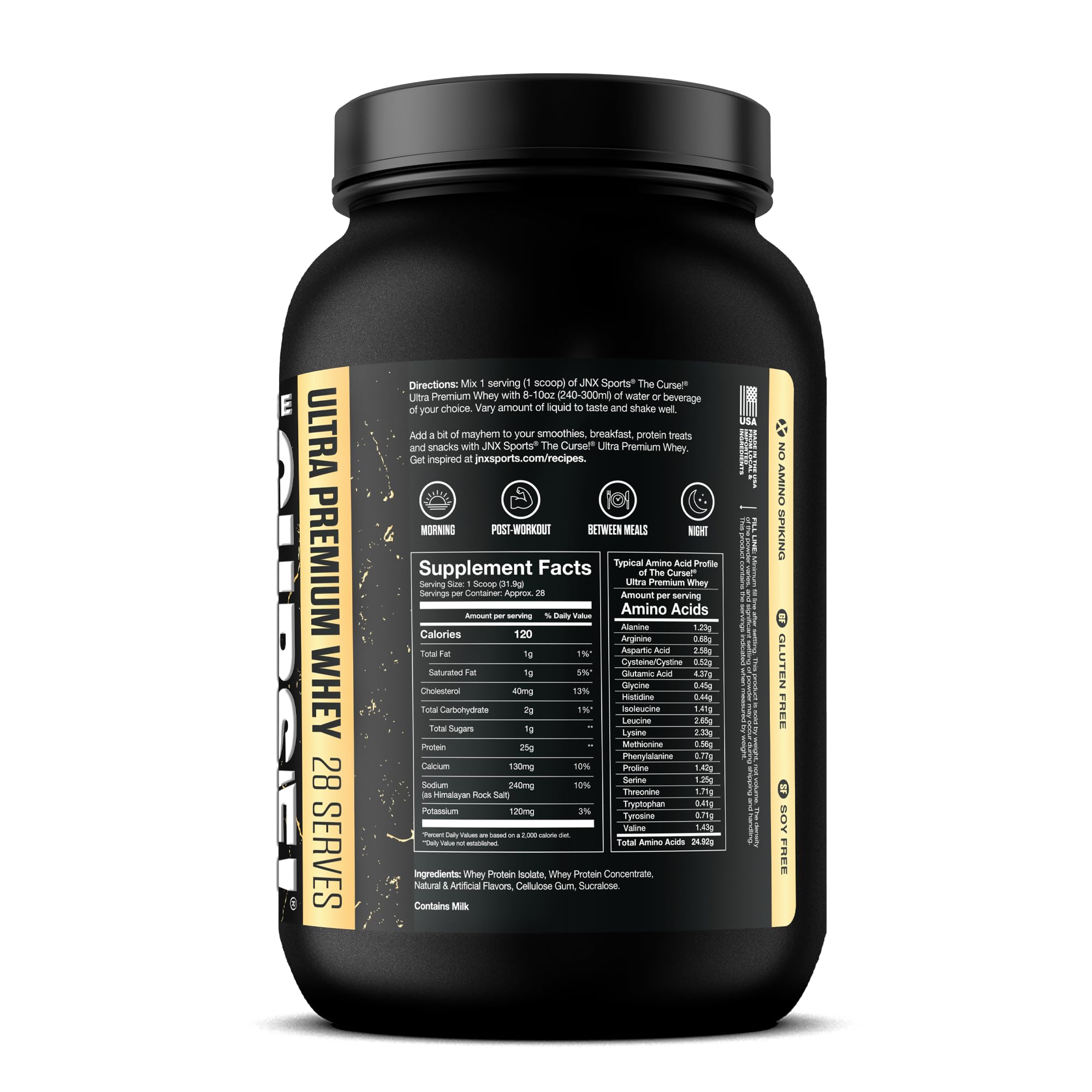 Pouring vanilla bean whey into a shaker for a high-protein shake.