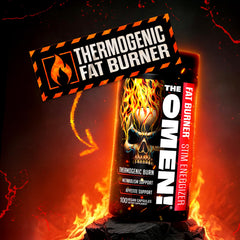 The Omen! label close-up shows caffeine and green coffee bean extract ingredients