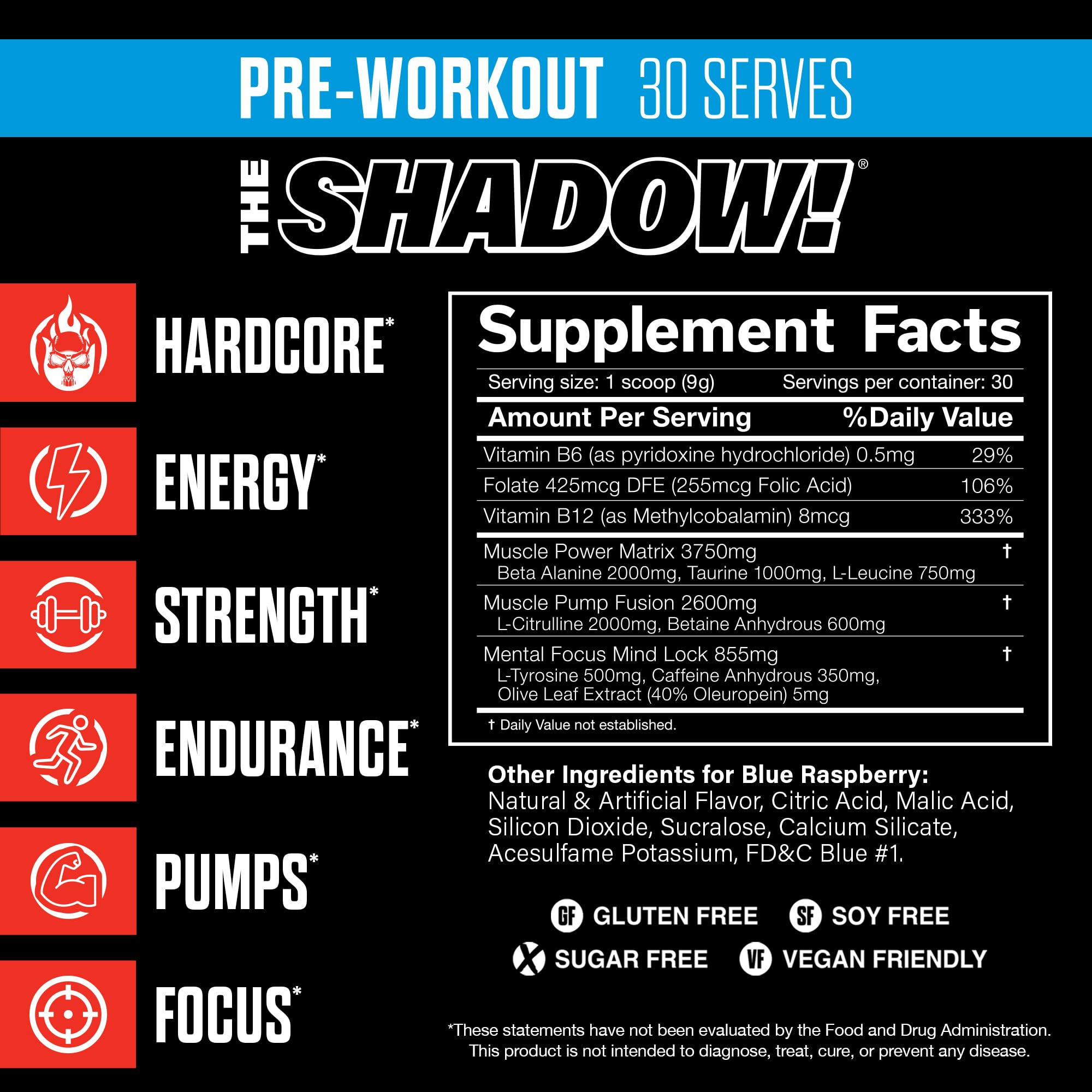 JNX SPORTS The Shadow tub back lists ingredients supporting energy and endurance.