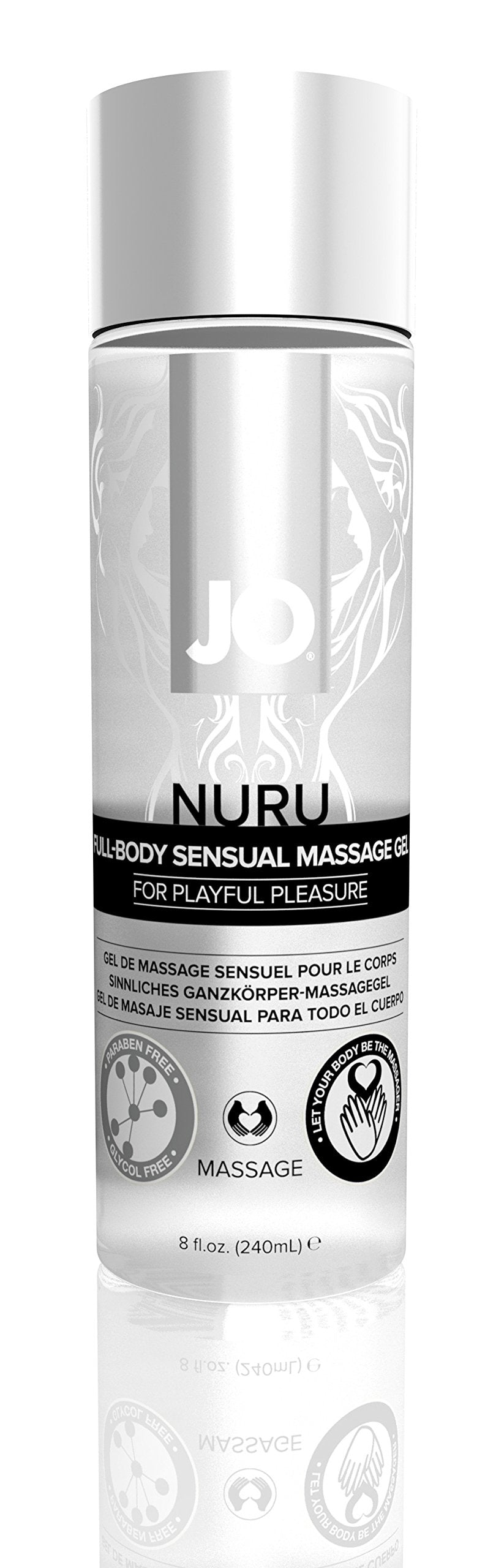 JO NURU Massage Gel fragrance-free bottle pour enables smooth, non-staining massage sessions.