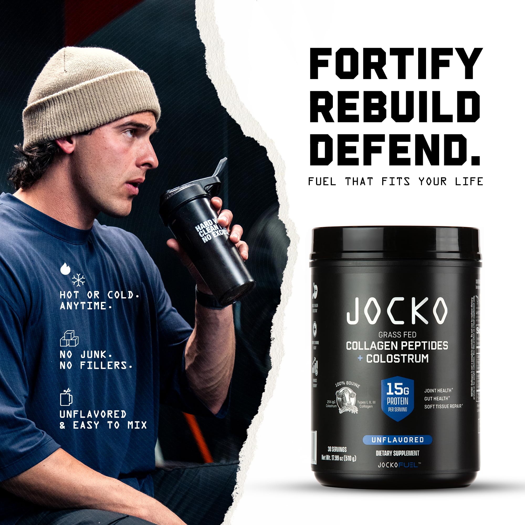 Jocko Fuel label reveals 15g collagen and 2g colostrum per serving.