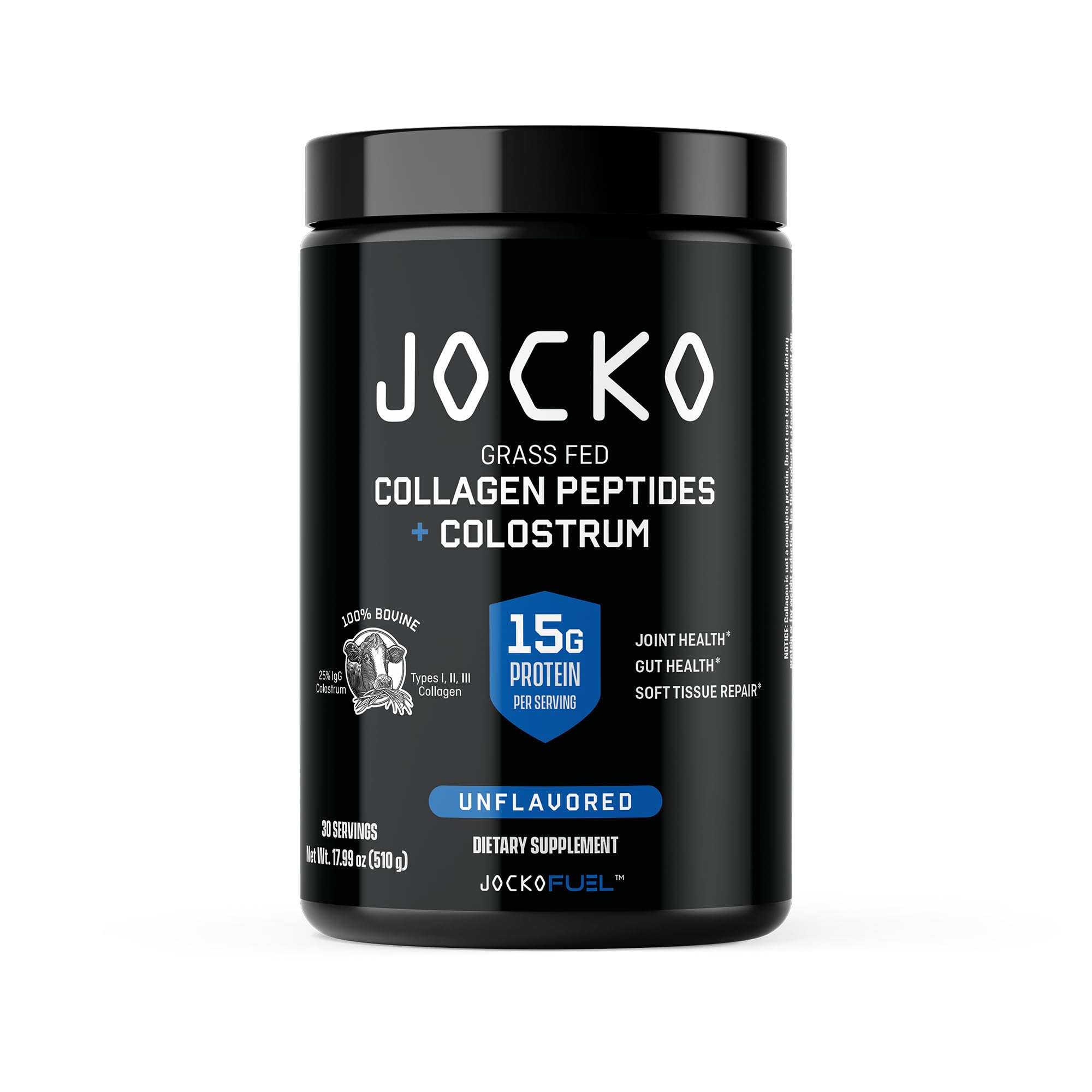 Jocko Fuel Collagen Colostrum tub label supports joints and gut health.