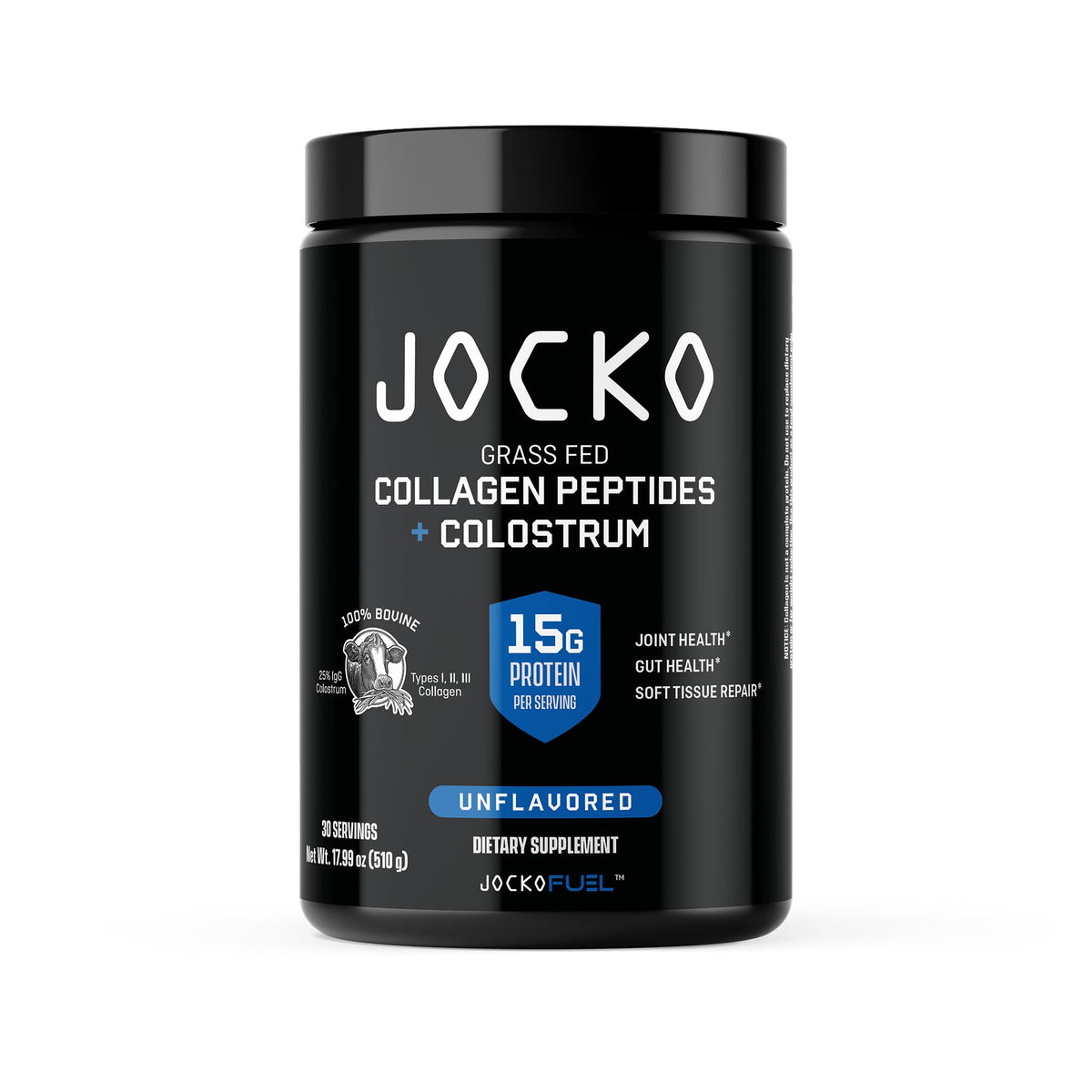 Jocko Fuel Collagen Colostrum tub label supports joints and gut health.