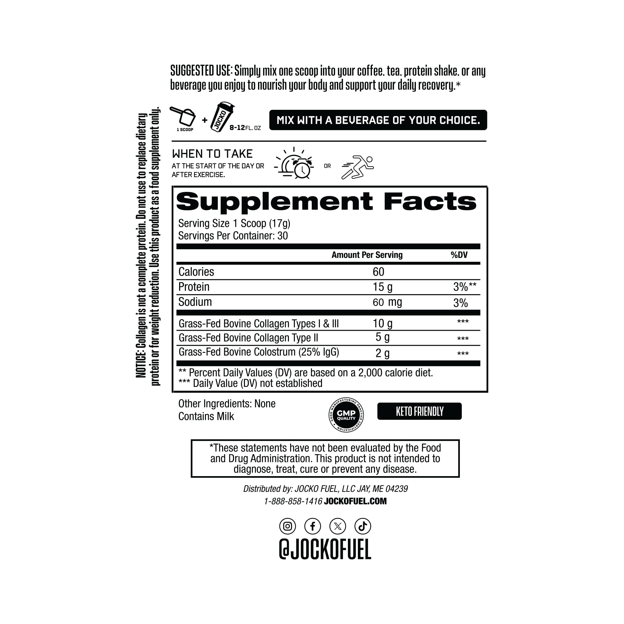 Jocko Fuel Collagen Colostrum tub open shows dual action formula.