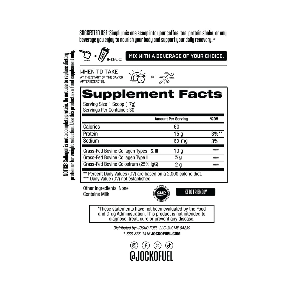 Jocko Fuel Collagen Colostrum tub open shows dual action formula.
