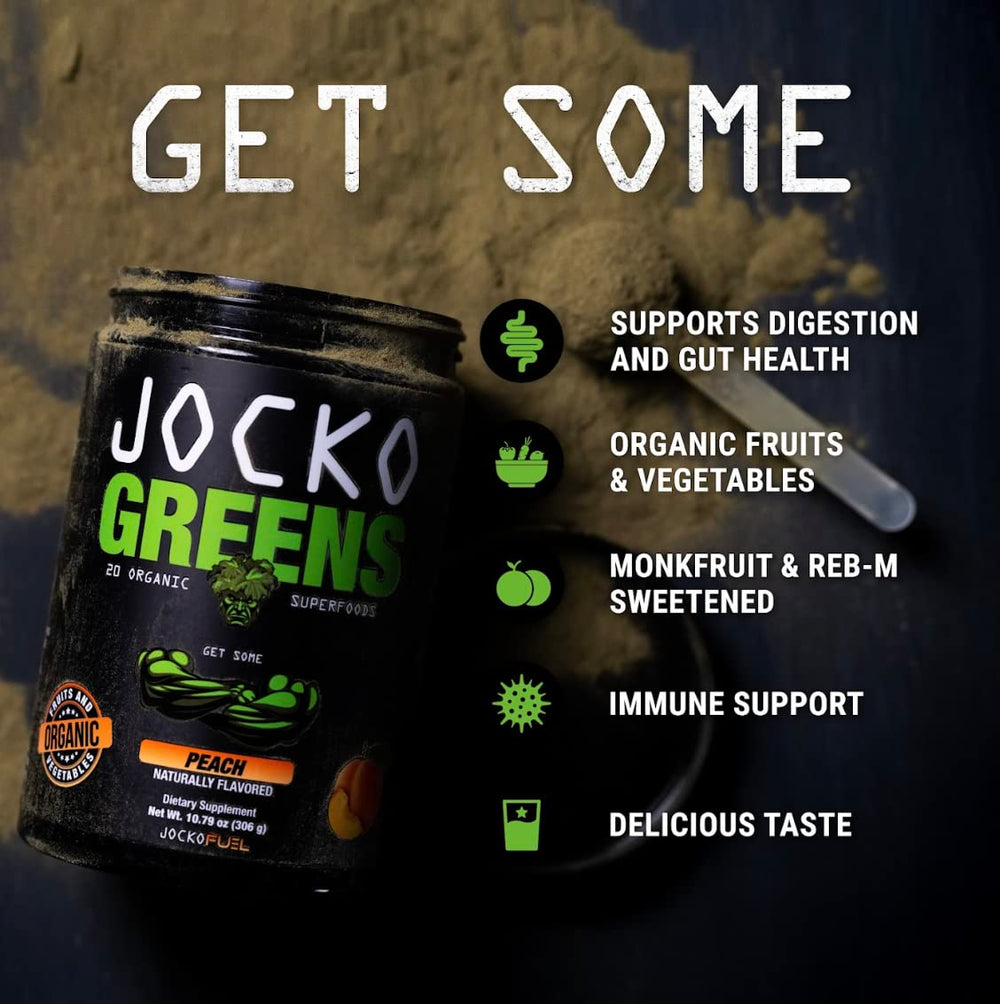 Glass with mixed Jocko Fuel Daily Greens demonstrating easy mixing