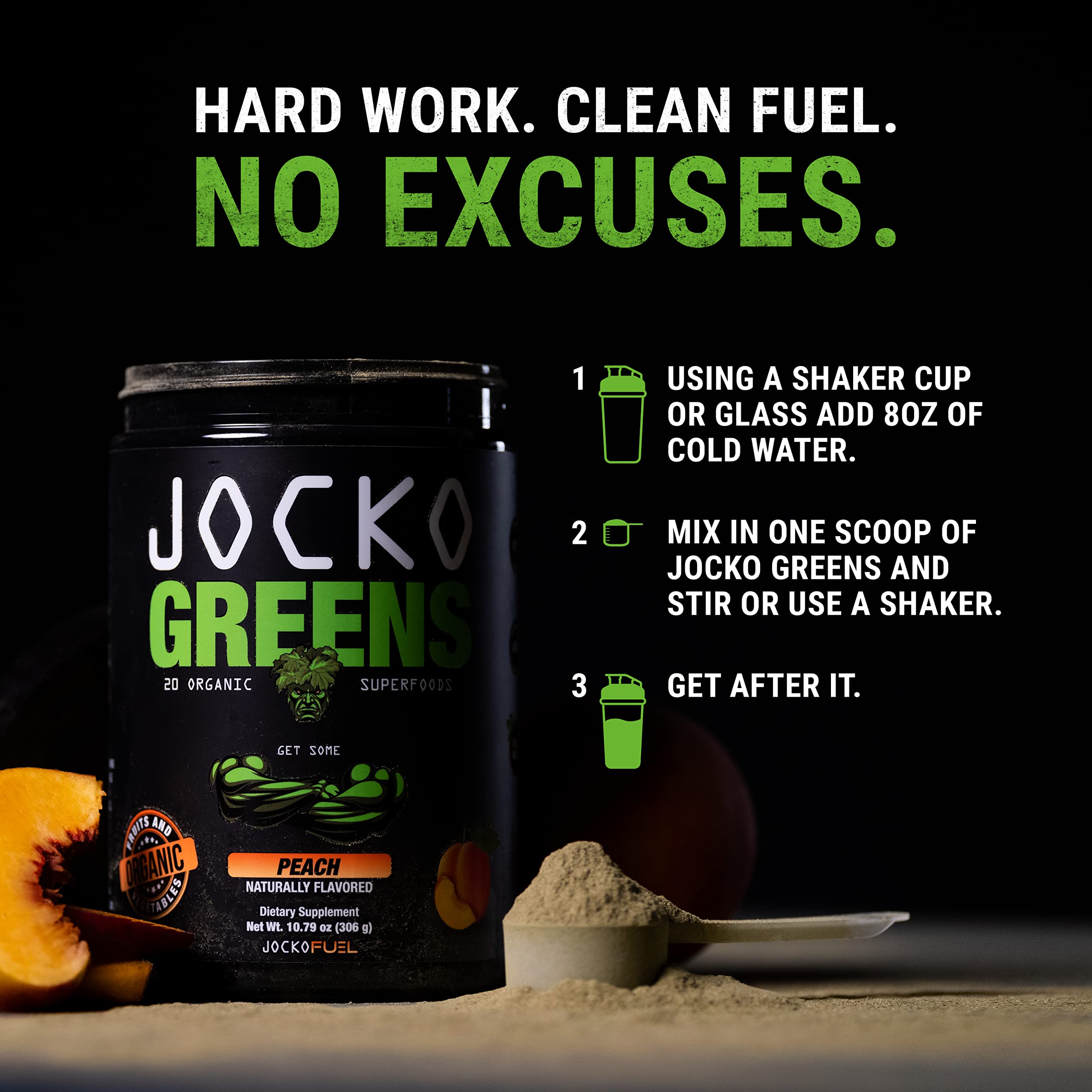 Jocko Fuel Daily Greens peach flavor shot inviting refreshing, caffeine-free energy