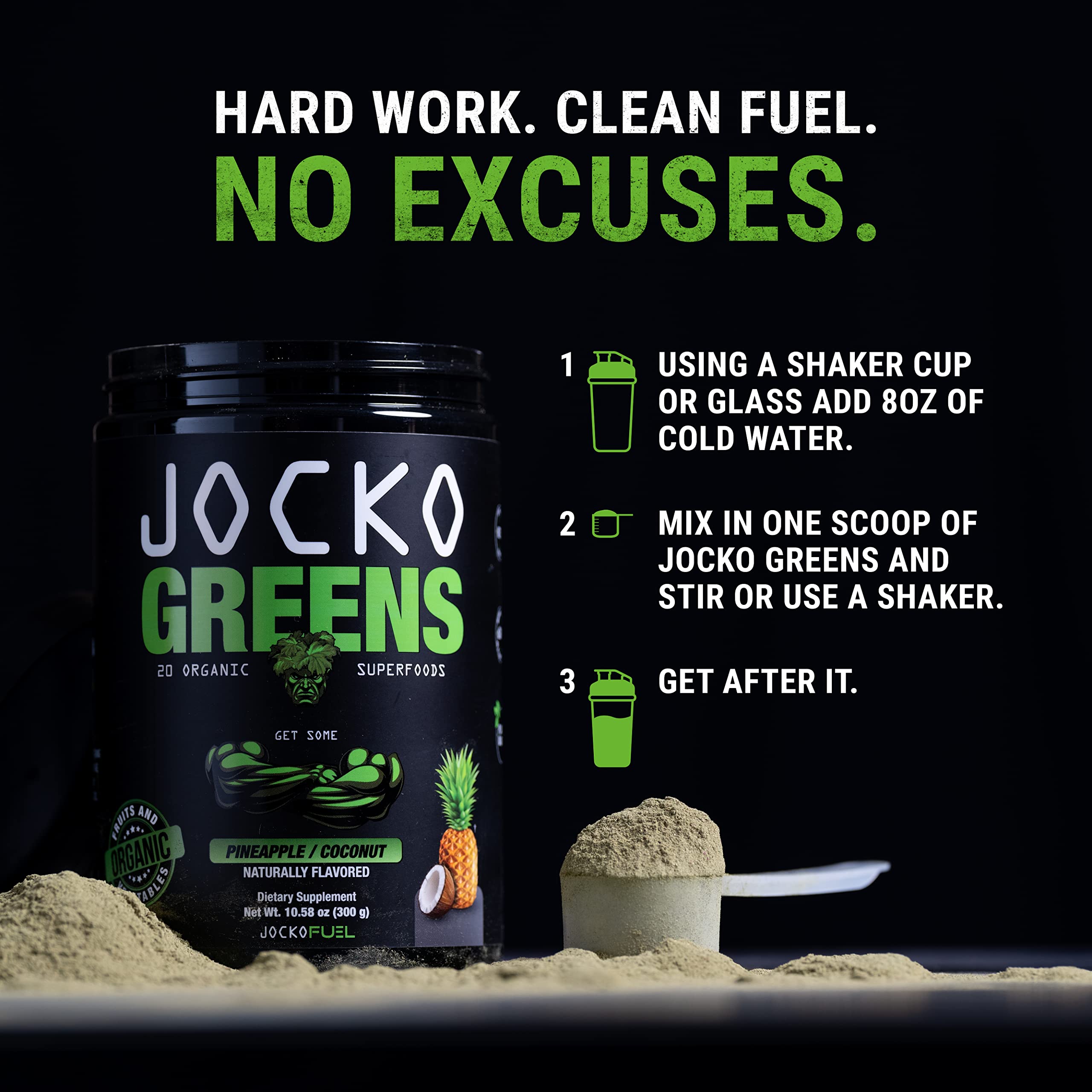 Jocko Fuel Daily Greens flavor close-up showing natural pineapple coconut taste
