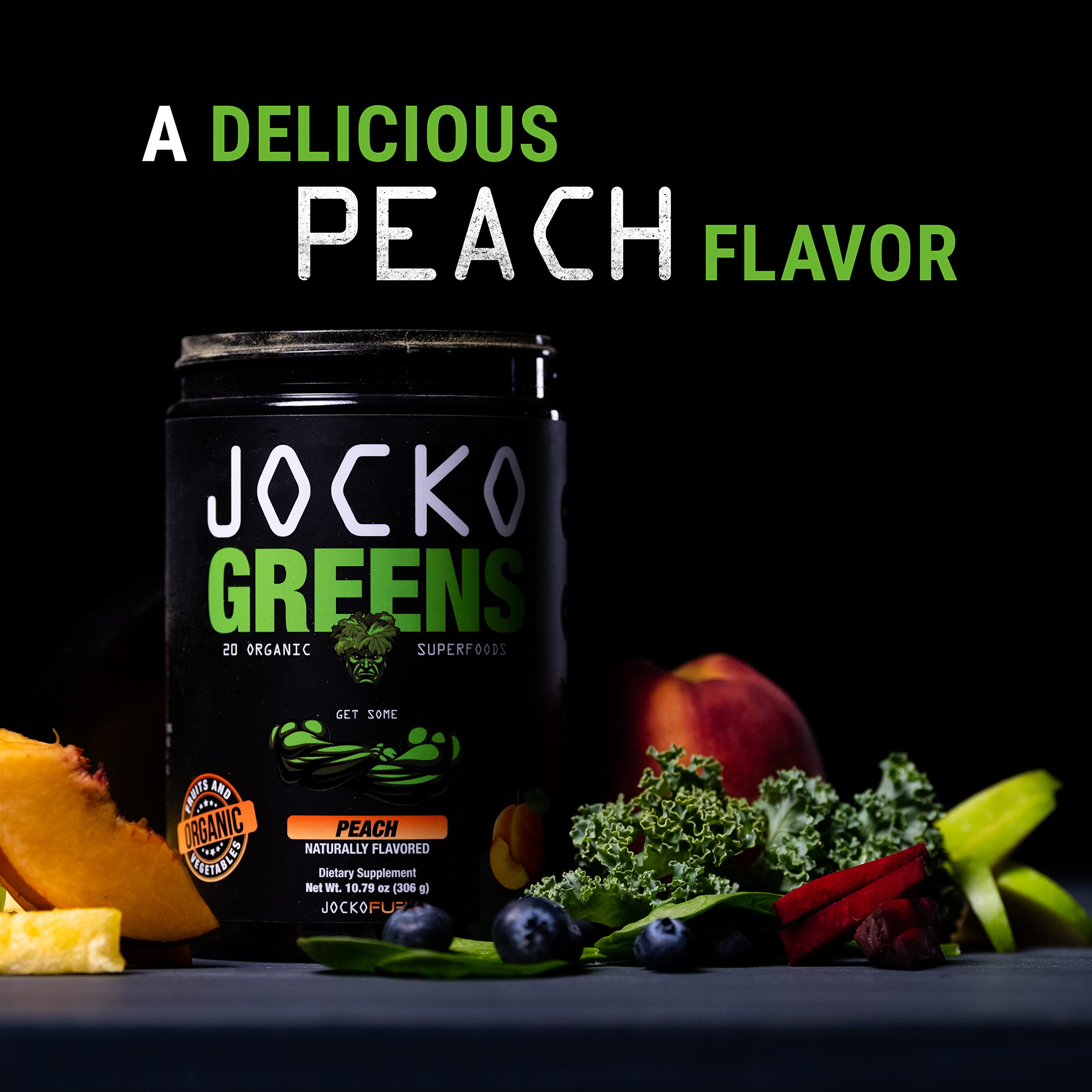 Vibrant powder of Jocko Fuel Daily Greens with spirulina and chlorella cues