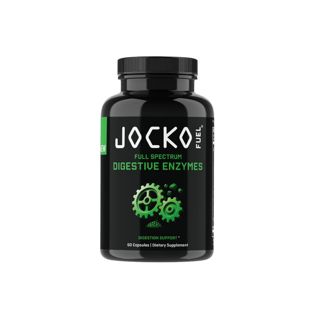 Jocko Fuel Digestive Enzymes bottle label shows full-spectrum blend for better digestion.