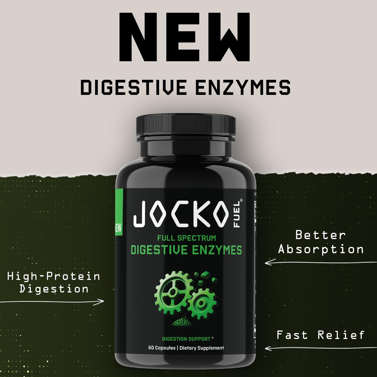 Jocko Fuel Digestive Enzymes capsules closeup highlights high-potency proteases and Betaine HCl.