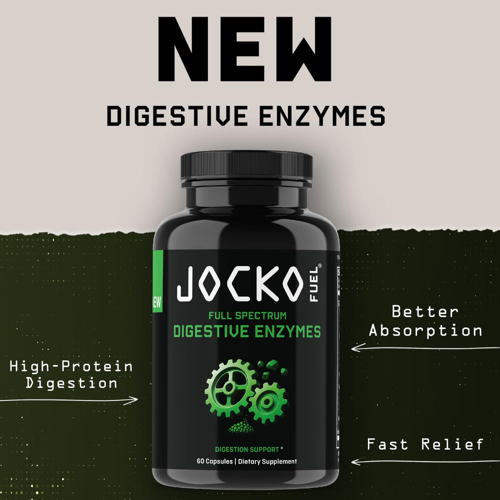 Jocko Fuel Digestive Enzymes capsules closeup highlights high-potency proteases and Betaine HCl.
