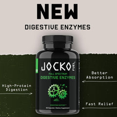 Jocko Fuel Digestive Enzymes capsules closeup highlights high-potency proteases and Betaine HCl.