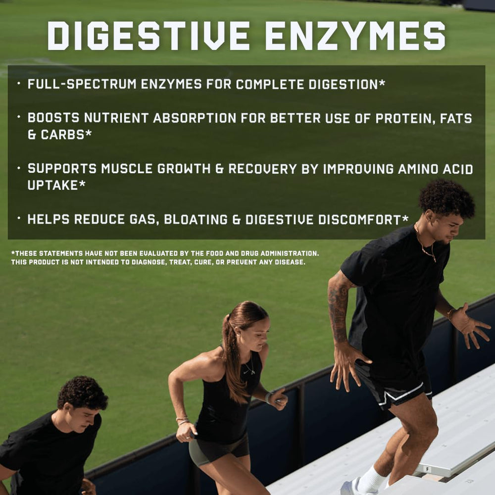 Jocko Fuel Digestive Enzymes packaging box front emphasizes protein-heavy diet support.