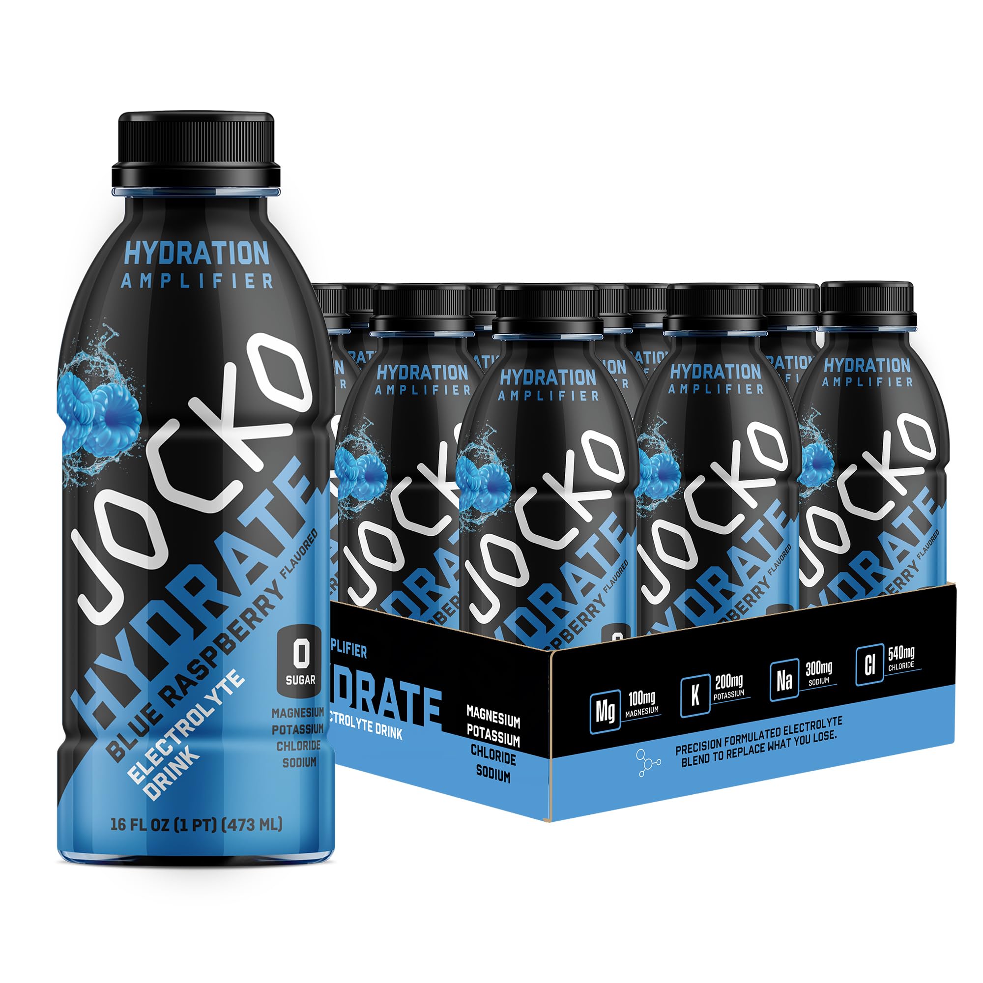 Jocko Fuel Hydrate blue raspberry bottle front view for on-the-go hydration