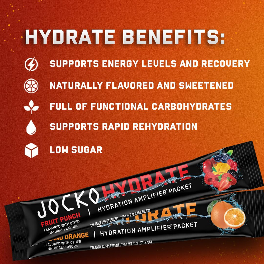 Jocko Fuel Hydrate label close-up highlights fruit punch flavor and nutrients.