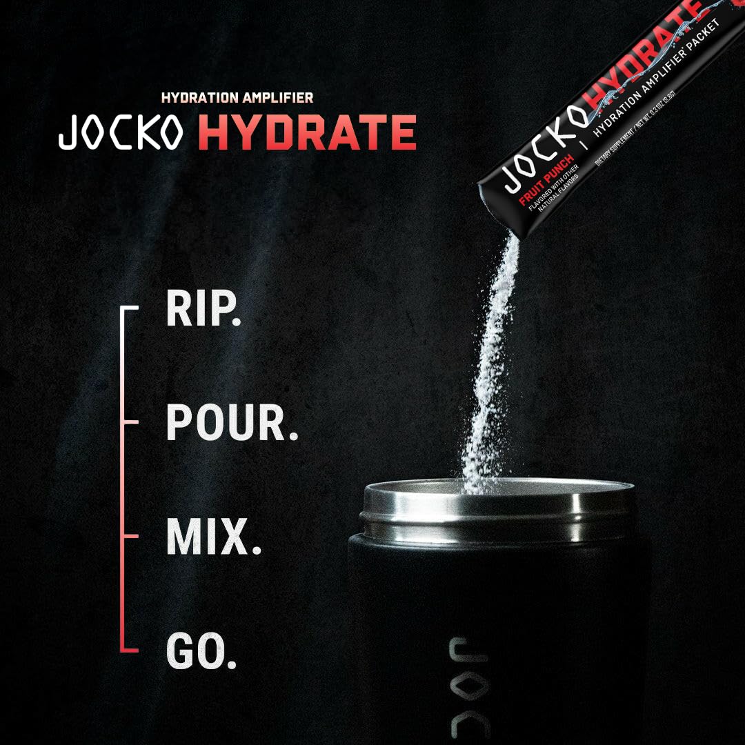 Jocko Fuel Hydrate ready-mix shows vibrant color and convenient dose for workouts.