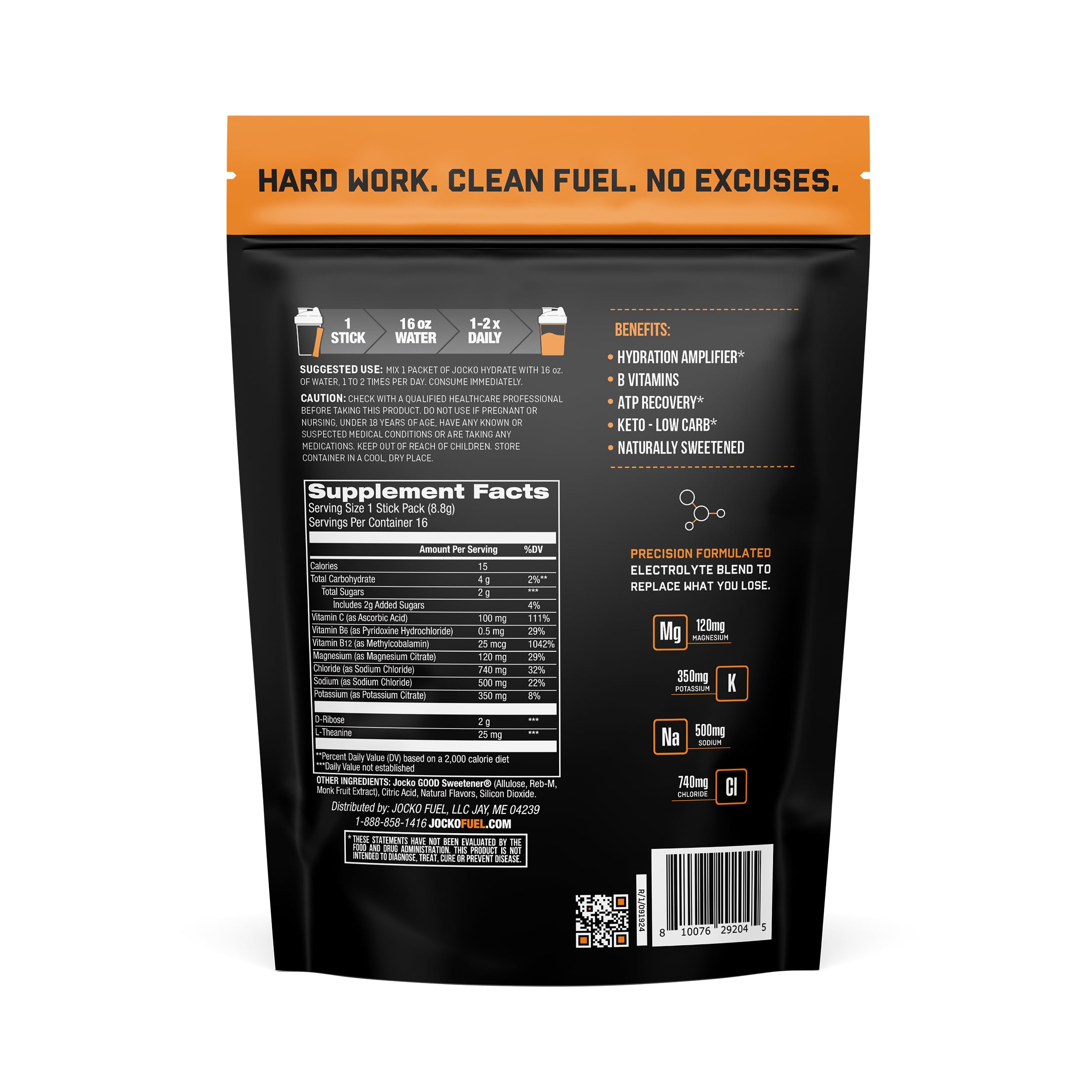 Jocko Fuel Hydrate Island Orange packet back showing nutrition details
