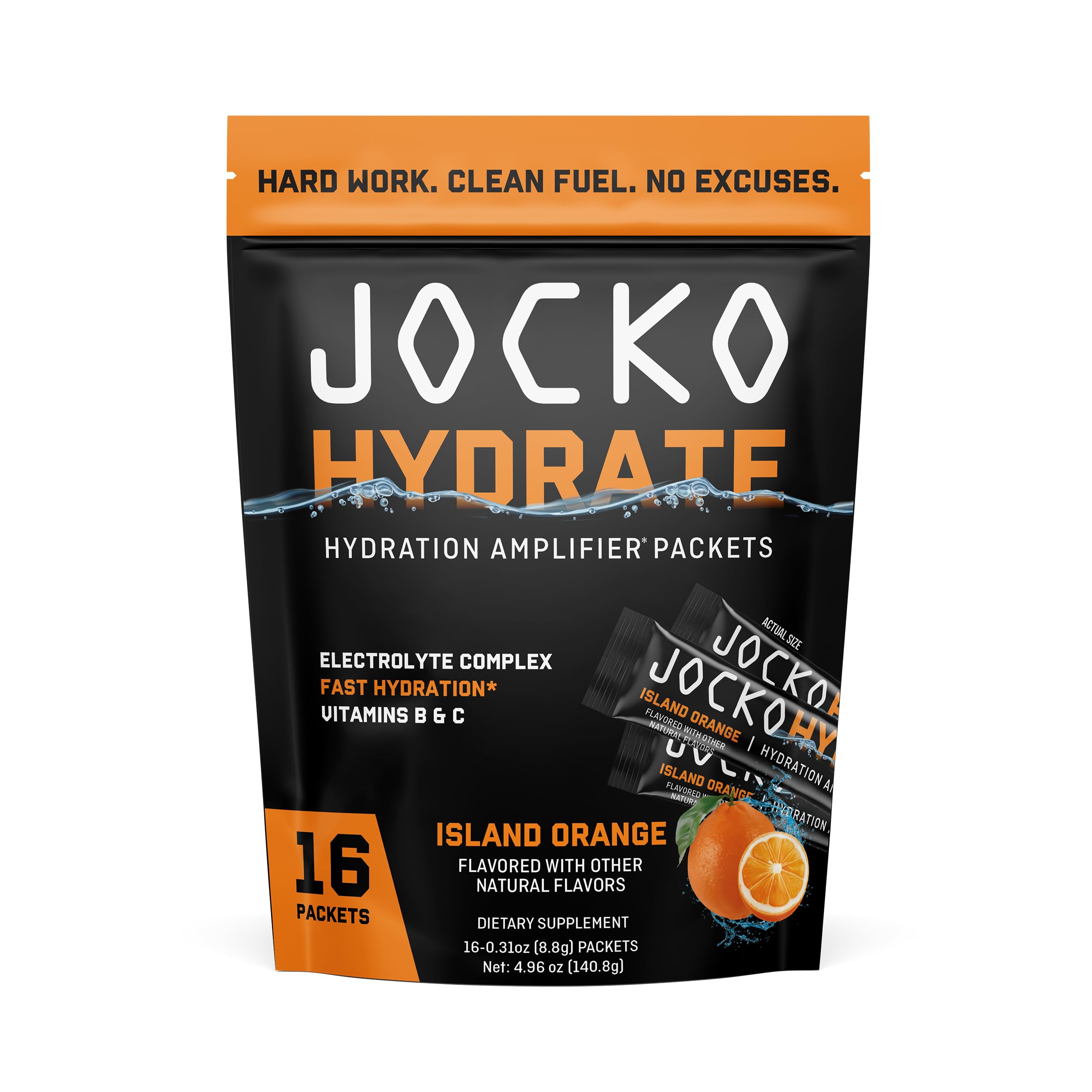 Jocko Fuel Hydrate Island Orange packet front for on-the-go hydration